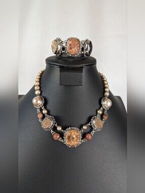 Stephen Dweck Necklace Bracelet Sterling Silver Carved Gemstone Estate Jewelry